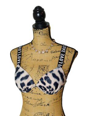 Womens S Bikini Swim Top Leopard Print LOVE Logo Straps Molded Bathing Suit Top